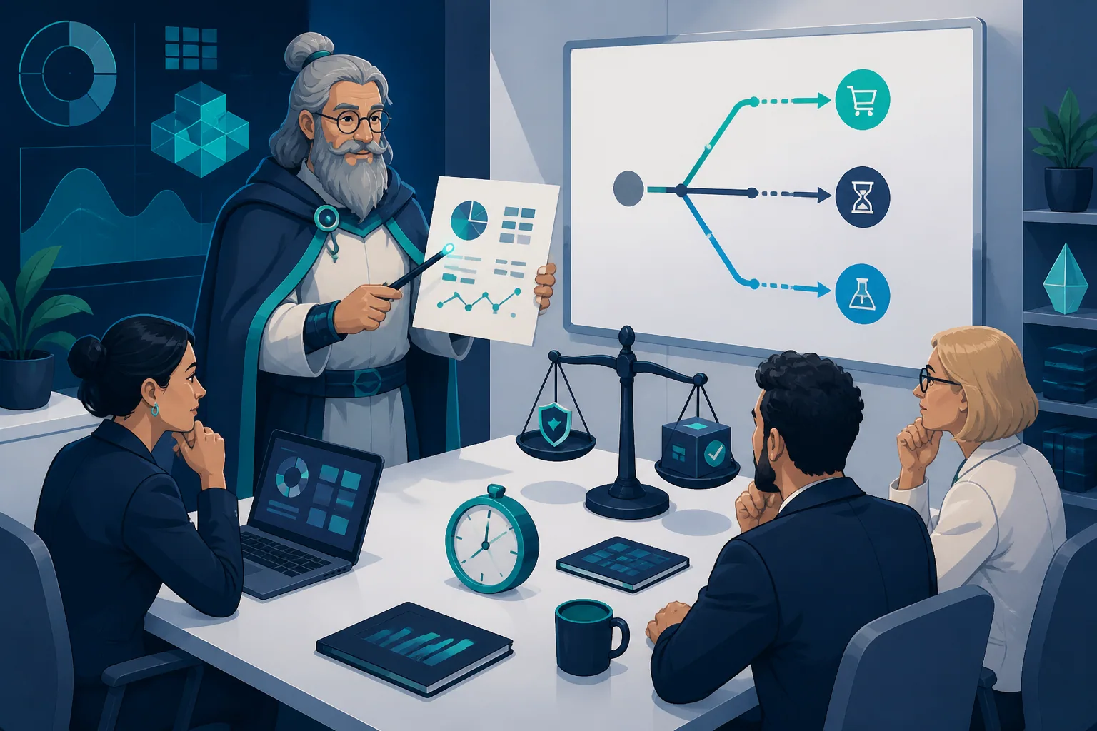 Illustration éditoriale d’une équipe dirigeante de PME évaluant un nouvel outil logiciel avec une analyse courte, des chemins de décision et des symboles de coût, de risque et de
